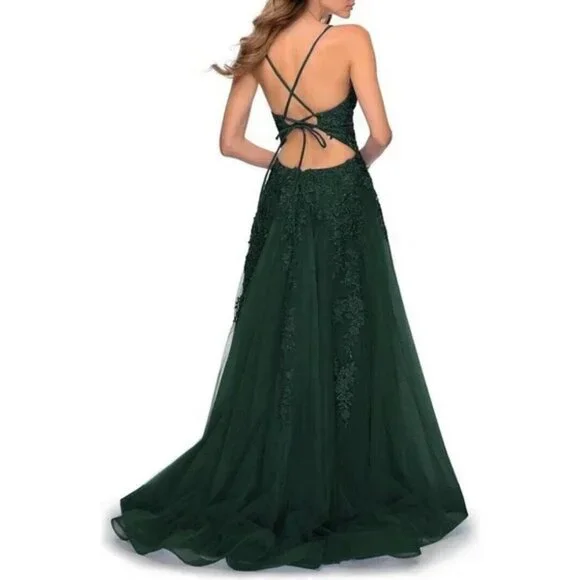 La Femme Dark Emerald Green Floral Embroidered Strappy Back Gown
